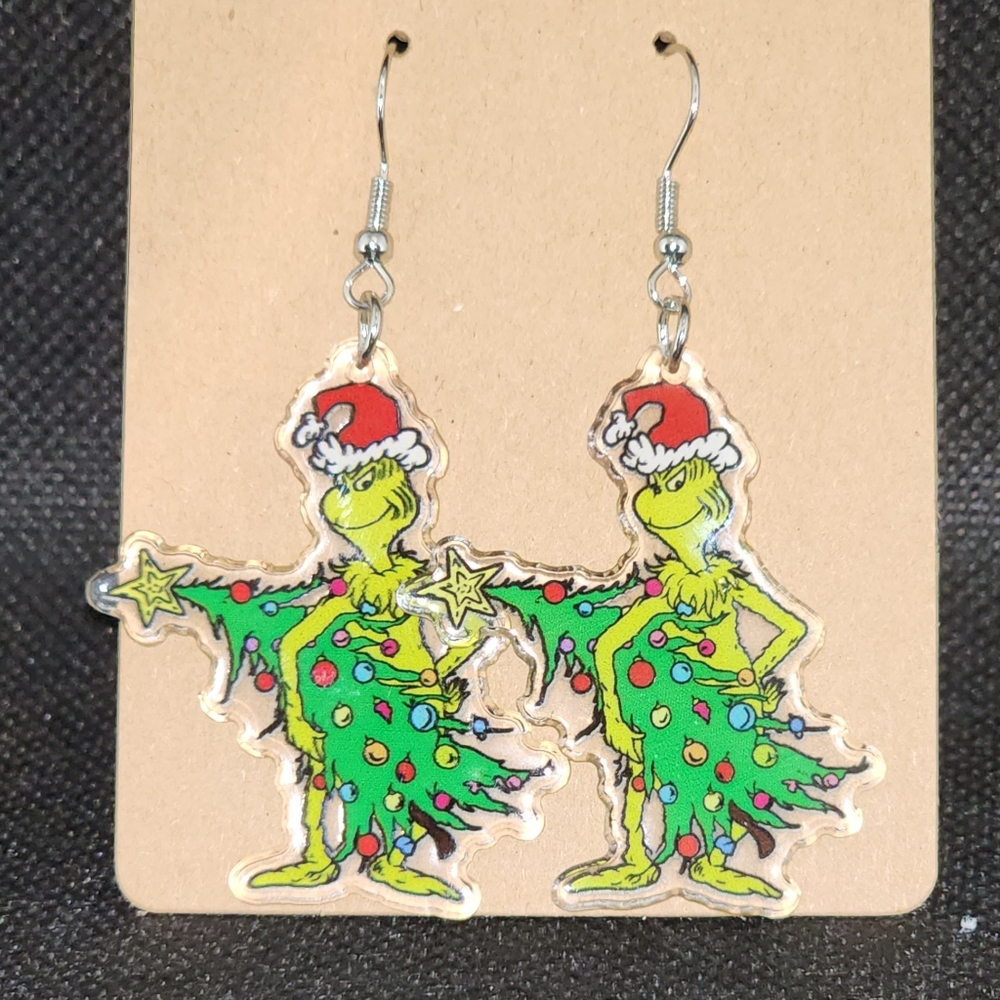 The Grinch With A Christmas Tree Dangle Earrings. Acrylic With Alloy Hook